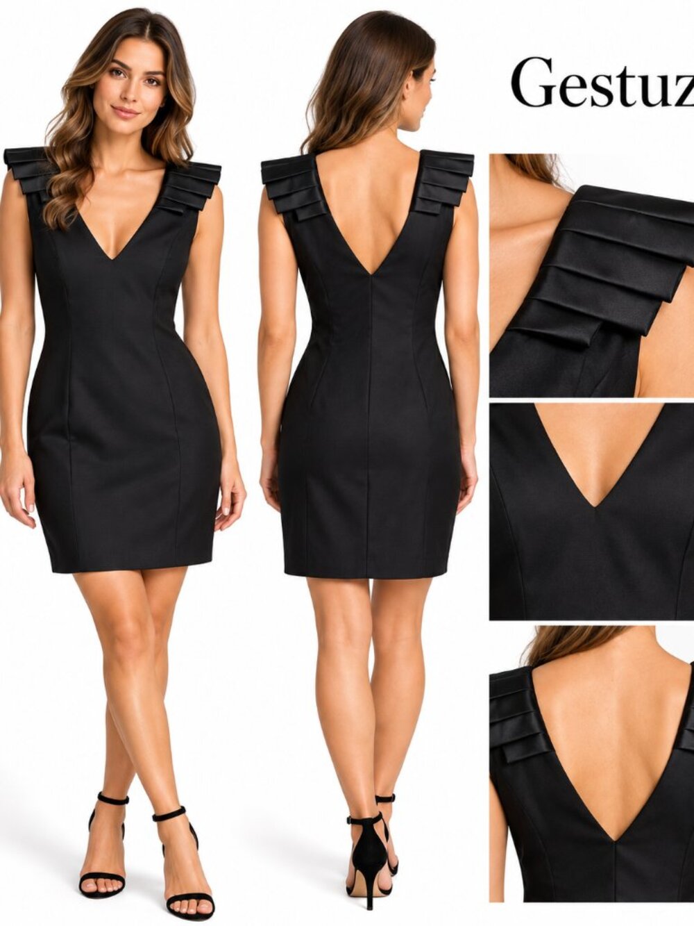 Gestuz G-Holly Black Cocktail Dress 42 Satin Pleated Shoulder V Neck LBD